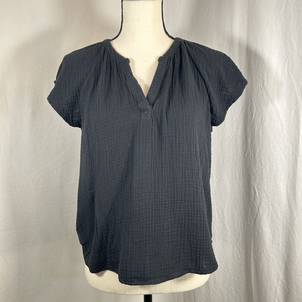 Black Crinkle Cotton Flutter Sleeve Casual Top Shirt Blouse Universal Thread S
